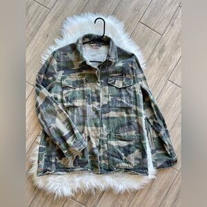 Women’s Medium Distressed Camouflage Denim Jacket New Without Tags